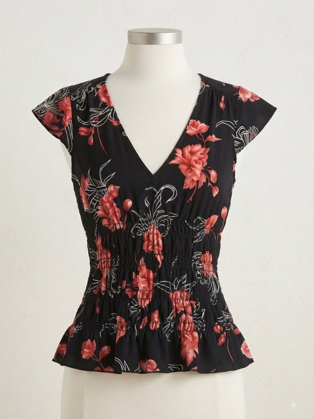 Forever 21 Black Floral V-Neck Smocked Peplum Top